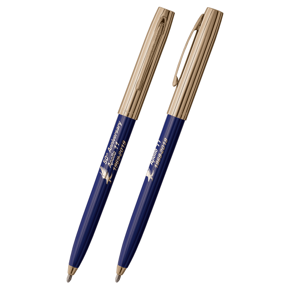 Front and side views of cap-o-matic space pen with blue plastic barrel, gold colored cap with clip, gold colored tip, and imprinted gold Apollo 11 50th Anniversary.